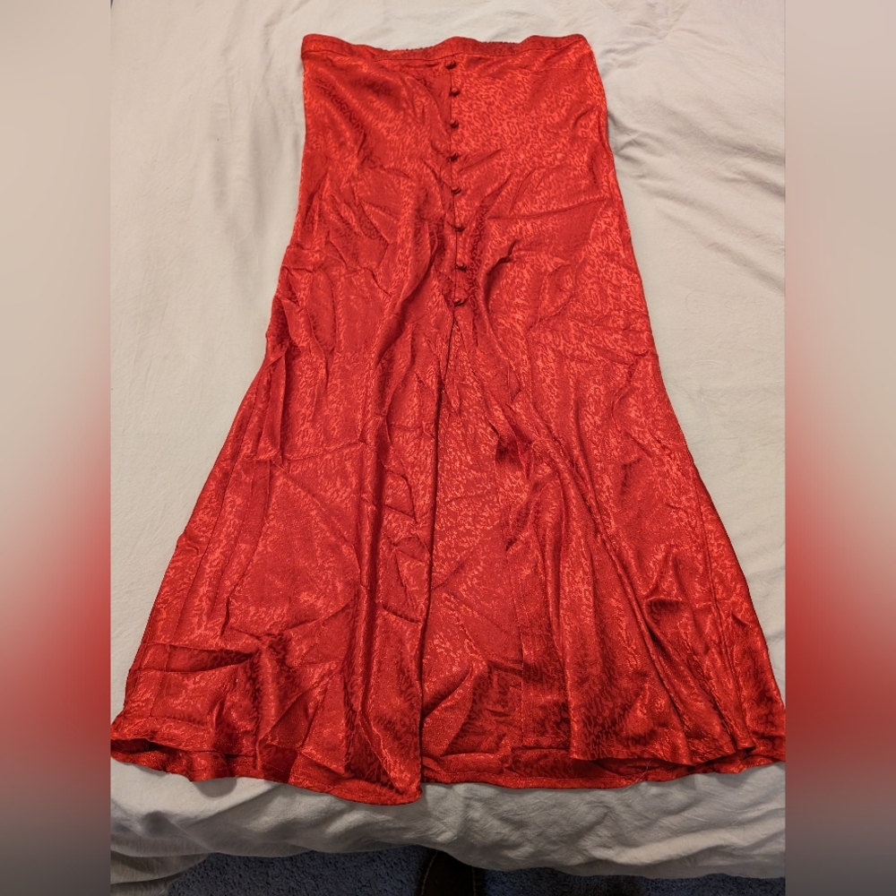 Women's mid to high waisted skirt, red with leopard print, large, calf length